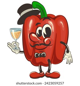 ilustración de clip aislado vectorial de la mascota de pimiento lindo en un sombrero y corbata de arco levantando una copa de vino, obra hecha a mano