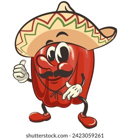 vector isolated clip art illustration of cute bell peppers mascot wearing sombrero with thumb up, work of handmade