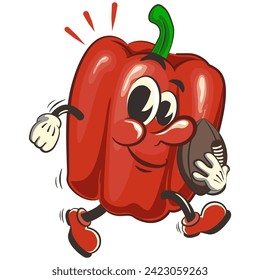 vector isolated clip art illustration of cute bell peppers mascot playing american football with an oval ball, work of handmade