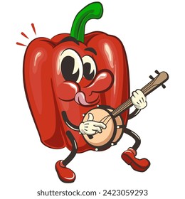 ilustración de clip aislado vectorial de la mascota de pimiento lindo que toca un instrumento musical banjo, obra hecha a mano