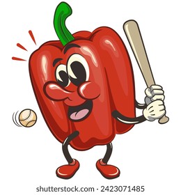 vector isolated clip art illustration of cute bell peppers mascot ready to hit a baseball with a bat, work of handmade