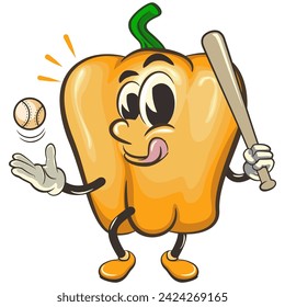 vector isolated clip art illustration of cute yellow bell peppers mascot ready to hit a baseball with a bat, work of handmade
