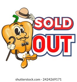 vector isolated clip art illustration of cute yellow bell peppers mascot with hat and stick, dancing with his feet tapping in front of the words sold out, work of handmade