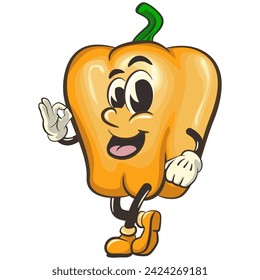 vector isolated clip art illustration of cute yellow bell peppers mascot giving okay sign, work of handmade