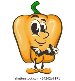 vector isolated clip art illustration of cute yellow bell peppers mascot folding his arms calmly, work of handmade