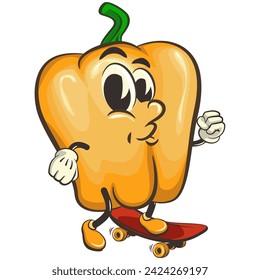 vector isolated clip art illustration of cute yellow bell peppers mascot playing skateboarding, work of handmade