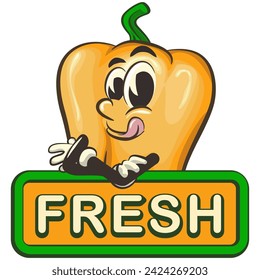 vector isolated clip art illustration of cute yellow bell peppers mascot carrying a sign that says fresh, work of handmade
