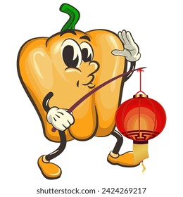 vector isolated clip art illustration of cute yellow bell peppers mascot carrying a traditional chinese lantern, work of handmade
