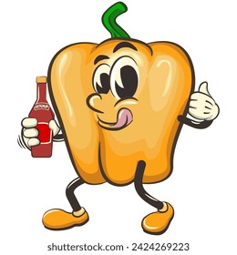 ilustración aislada del vector del clip art de la mascota de los pimientos amarillos lindos sosteniendo una botella de ketchup, trabajo de hecho a mano