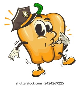 vector isolated clip art illustration of cute yellow bell peppers mascot wearing a police hat and blowing a whistle, work of handmade