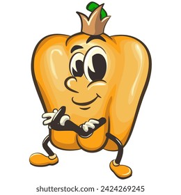 vector isolated clip art illustration of cute yellow bell peppers mascot with a king's crown folding his arms calmly, work of handmade