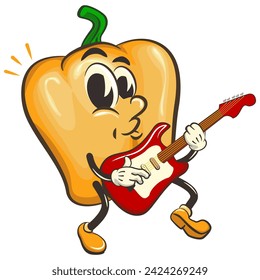 vector isolated clip art illustration of cute yellow bell peppers mascot playing a banjo musical instrument, work of handmade