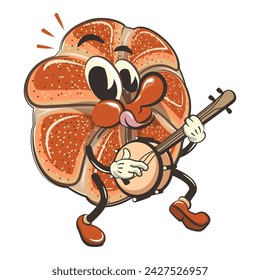 vector isolated clip art illustration of cute bagel rolls mascot playing a banjo musical instrument, work of handmade