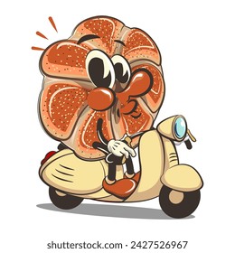 vector isolated clip art illustration of cute bagel rolls mascot riding a scooter, work of handmade
