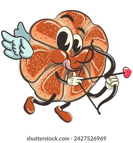 vector isolated clip art illustration of cute bagel rolls mascot being cupid with arrow of love, work of handmade