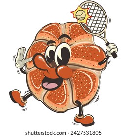 vector isolated clip art illustration of cute bagel rolls mascot playing tennis with a tennis racket and ball, work of handmade