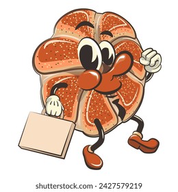 ilustración aislada del vector del clip art de la mascota linda de los rollos del bagel que lleva una corbata y una maleta que corre a la oficina, trabajo de hecho a mano