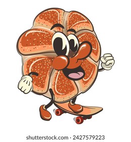 vector isolated clip art illustration of cute bagel rolls mascot playing skateboarding, work of handmade