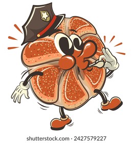 vector isolated clip art illustration of cute bagel rolls mascot wearing a police hat and blowing a whistle, work of handmade