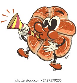 vector isolated clip art illustration of cute bagel rolls mascot blowing party trumpet, work of handmade