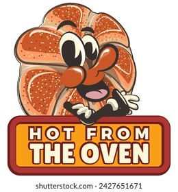 vector isolated clip art illustration of cute bagel rolls mascot carrying a sign that says hot from the oven, work of handmade