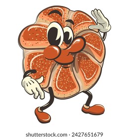 vector isolated clip art illustration of cute bagel rolls mascot dancing while waving, work of handmade