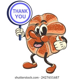 vector isolated clip art illustration of cute bagel rolls mascot carrying a sign saying thank you, work of handmade
