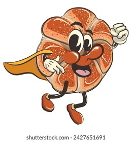 ilustración aislada del vector del clip art de la mascota de los rollos del bagel lindo que es superhéroe con una capa, trabajo de hecho a mano