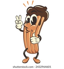 ilustración aislada del vector clip art de la mascota de la historieta del churro que da un pulgar hacia arriba y dos dedos, trabajo de hecho a mano