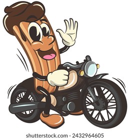 ilustración aislada del clip art del vector de la mascota de la historieta del churro que monta una motocicleta grande, trabajo de hecho a mano