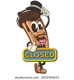 vector isolated clip art illustration of churro cartoon mascot carrying a sign that says closed, work of handmade