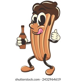 ilustración aislada del clip art del vector de la mascota de la historieta del churro que sostiene una botella de una botella de chocolate, trabajo de hecho a mano