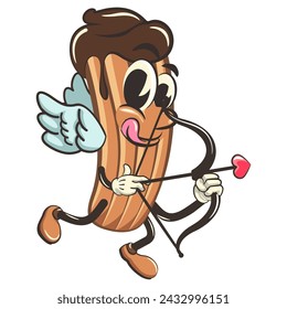 vector isolated clip art illustration of churro cartoon mascot being cupid with arrow of love, work of handmade