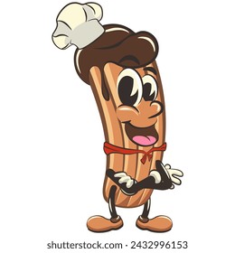 vector isolated clip art illustration of churro cartoon mascot wearing a chef's hat and wearing a red scarf, work of handmade