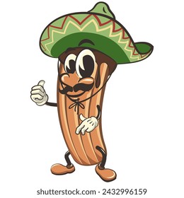 ilustración aislada del vector del clip art de la mascota de la historieta del churro que lleva sombrero con el pulgar para arriba, trabajo de hecho a mano