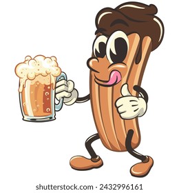 vector isolated clip art illustration of churro cartoon mascot raising a large beer glass while giving a thumbs up, work of handmade