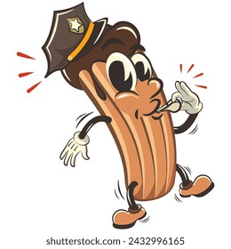 vector isolated clip art illustration of churro cartoon mascot wearing a police hat and blowing a whistle, work of handmade