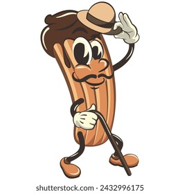 vector isolated clip art illustration of churro cartoon mascot carrying a stick and saluting with raised hat, work of handmade