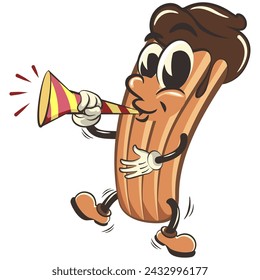 ilustración aislada del clip art del vector de la mascota del churro que sopla la trompeta del partido, trabajo de hecho a mano