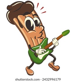 vector isolated clip art illustration of churro cartoon mascot playing a guitar musical instrument, work of handmade