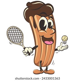 vector isolated clip art illustration of churro cartoon mascot playing tennis with a tennis racket and ball, work of handmade