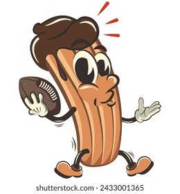 ilustración aislada del clip art del vector de la mascota de la historieta del churro que juega el fútbol americano con una bola ovalada, trabajo de hecho a mano