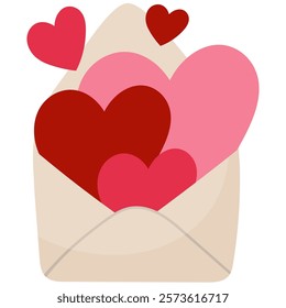 Vector isolated clipart of open envelope with flying hearts. Sticker for Valentines day greeting cards. Cartoon style illustration. 