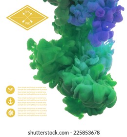 Vector isolated cloud of green,blue,violet ink swirling in water on white background. Template design. Texture of splashes of paint, ink