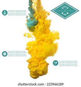 Vector isolated cloud of yellow and blue ink swirling in water on white background. Template design for infographics. Texture of splashes of paint, ink
