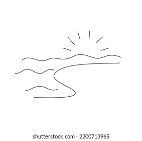 Vector isolated coast waves   sun rays landscape colorless black   white contour line easy drawing