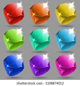 vector isolated collection of bright colorful realistic crystals on the grey background. Magic jewels for mobile game design or user interface. Shiny truncated cubes
