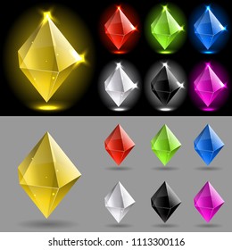 vector isolated collection of bright colorful realistic crystals. Magic  bipyramid or dipyramid stones for mobile game design or user interface. Trophy or achievment jewels