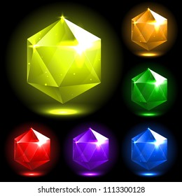 vector isolated collection of bright colorful realistic crystals. Magic icosahedron stones for mobile game design or user interface. Trophy or achievment jewels