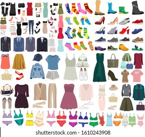 vector, isolated, collection of clothes and shoes